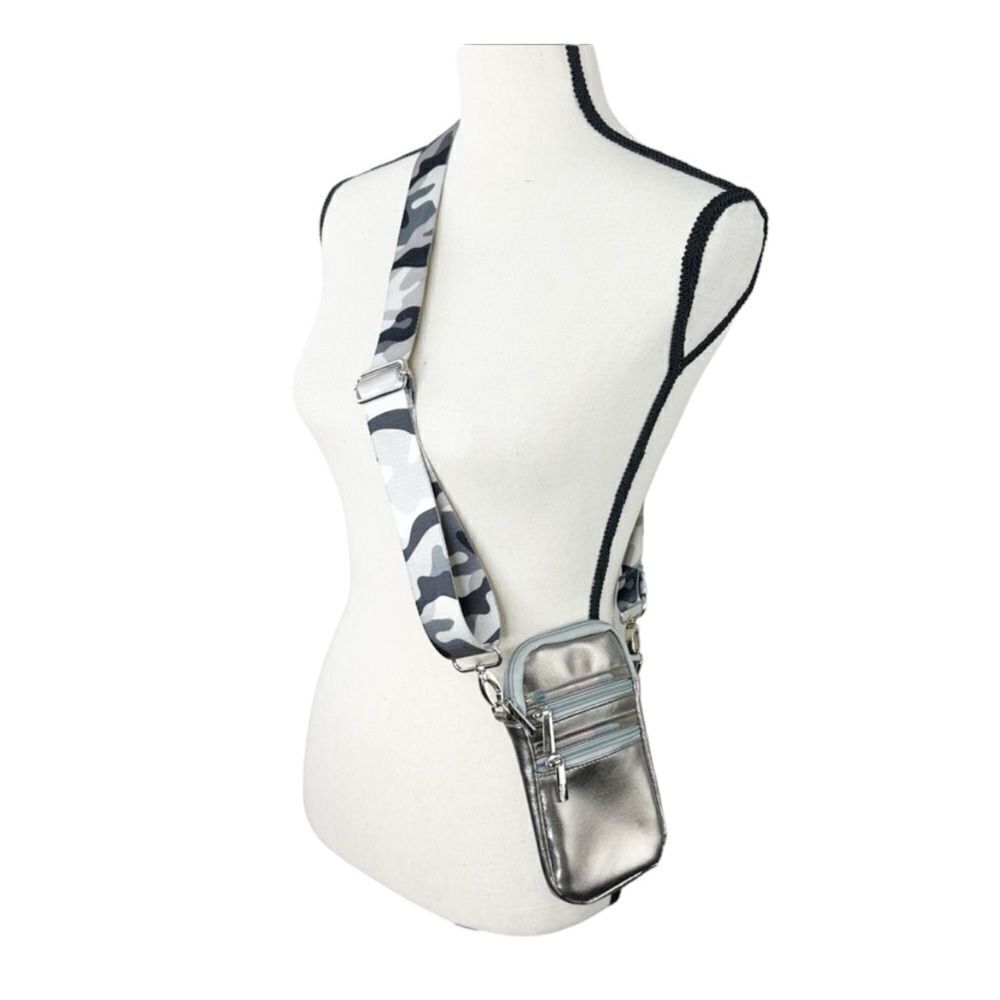 Metallic Silver Cellphone Bag with Silver Camo Removable Crossbody Strap